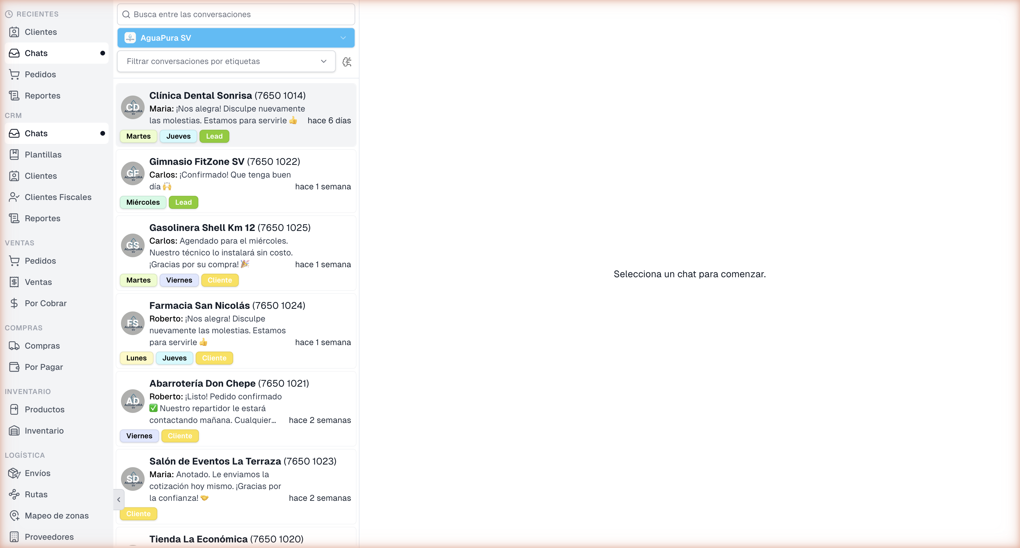 Inbox de Chats con AguaPura SV