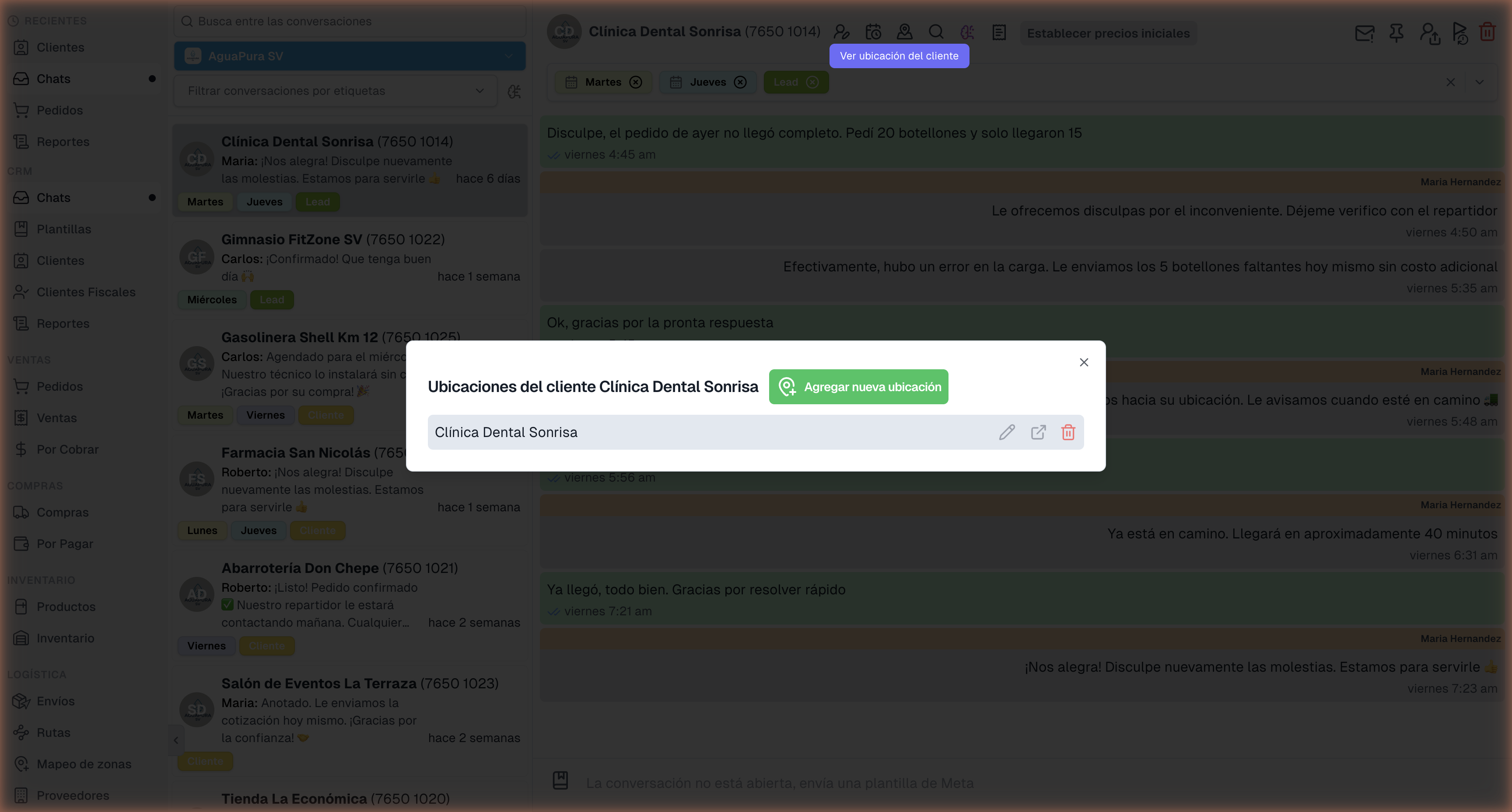 Modal de ubicaciones del cliente