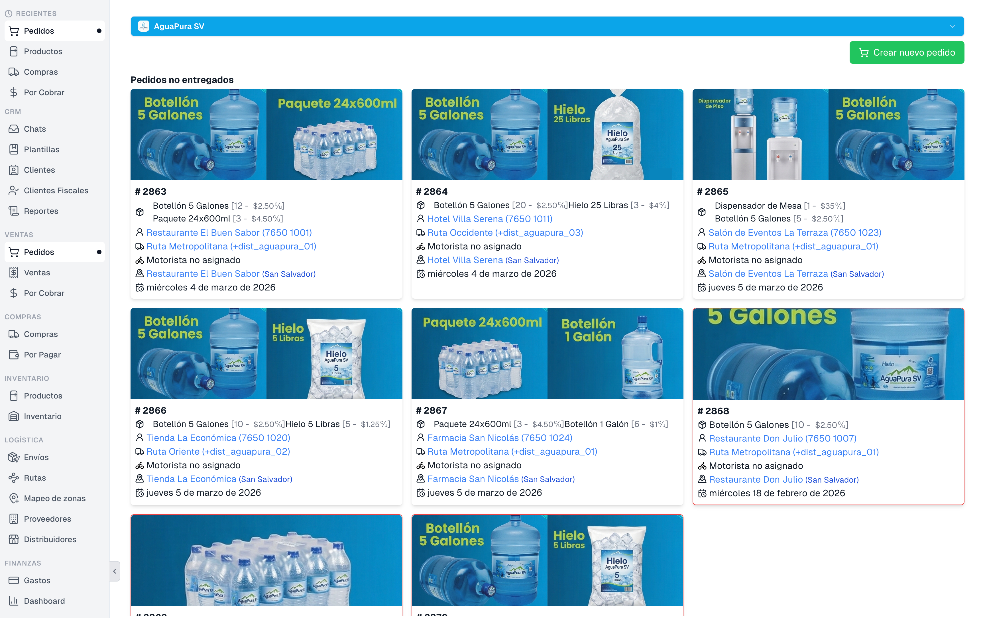 Lista de pedidos no entregados de AguaPura SV