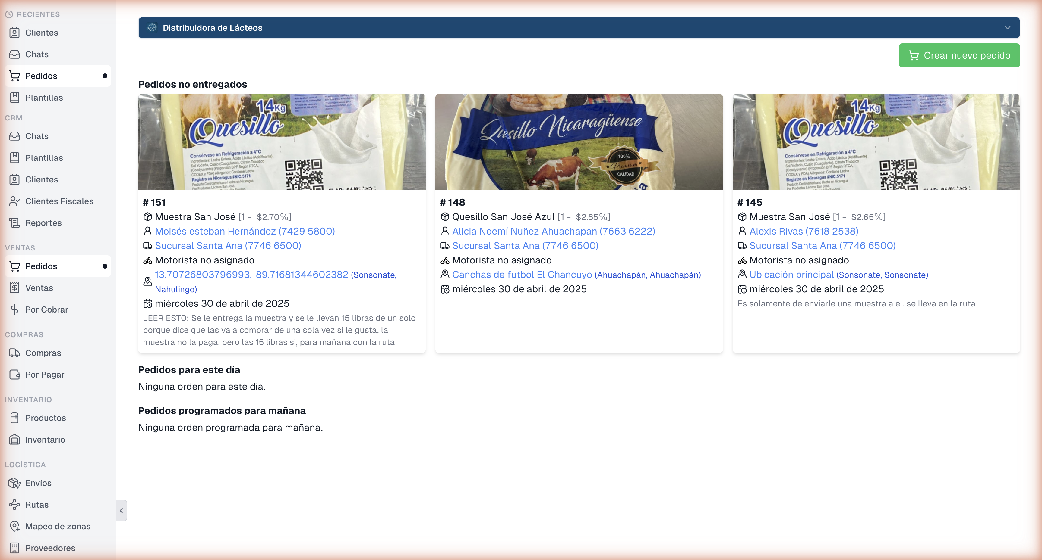Lista de pedidos Distribuidora de Lácteos