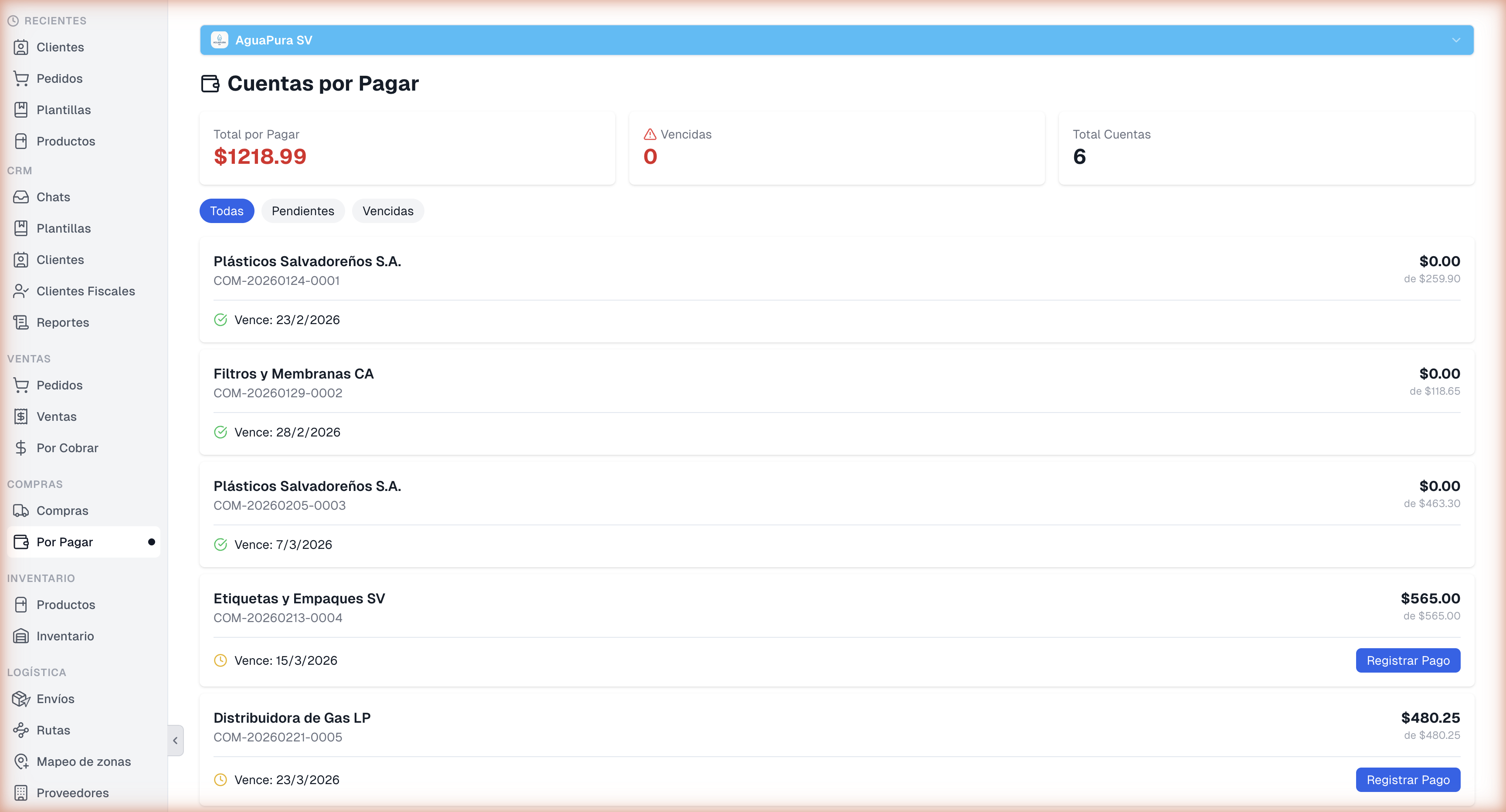 Dashboard de cuentas por pagar de AguaPura SV