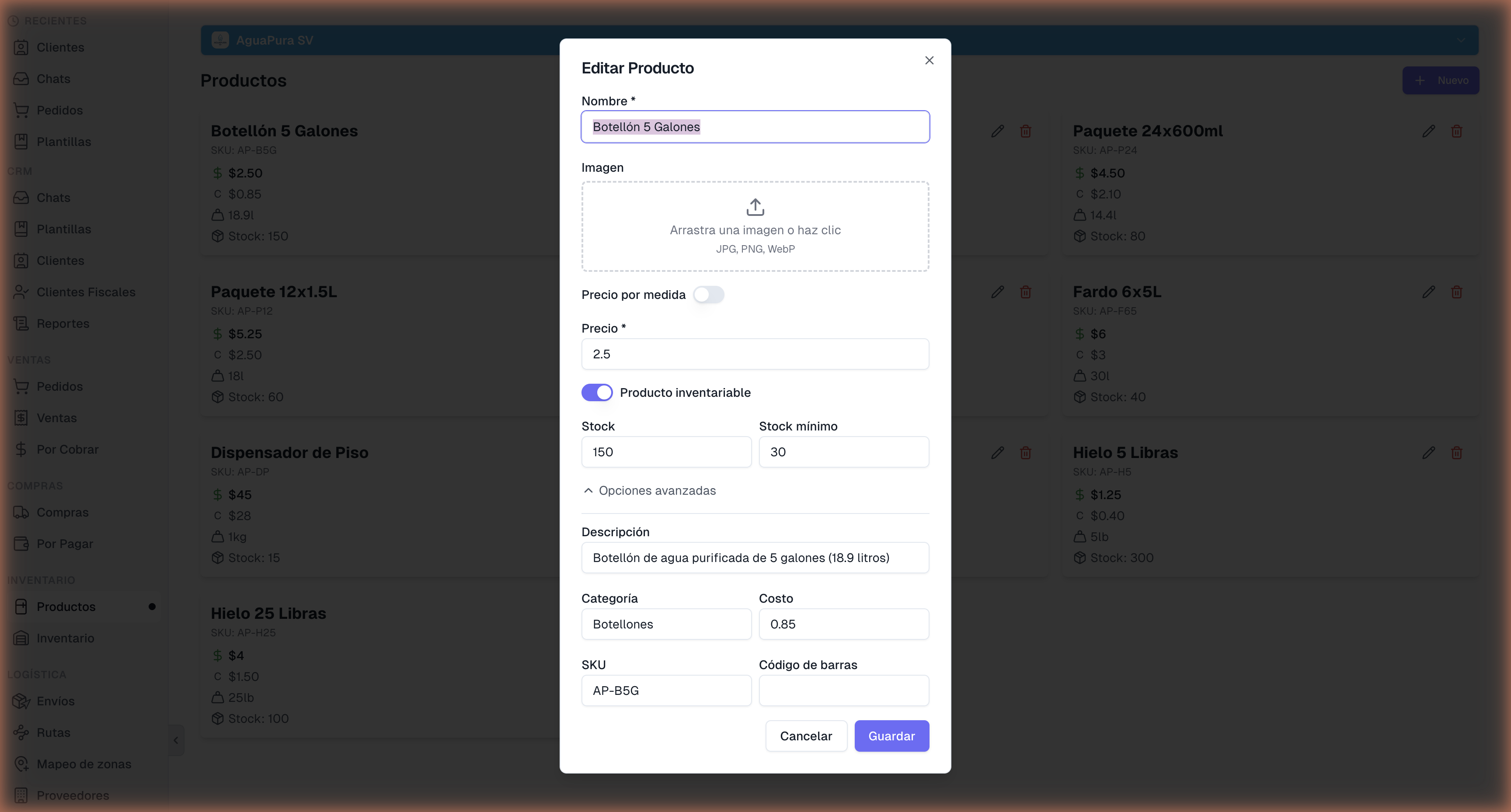 Modal Editar Producto - Botellón 5 Galones