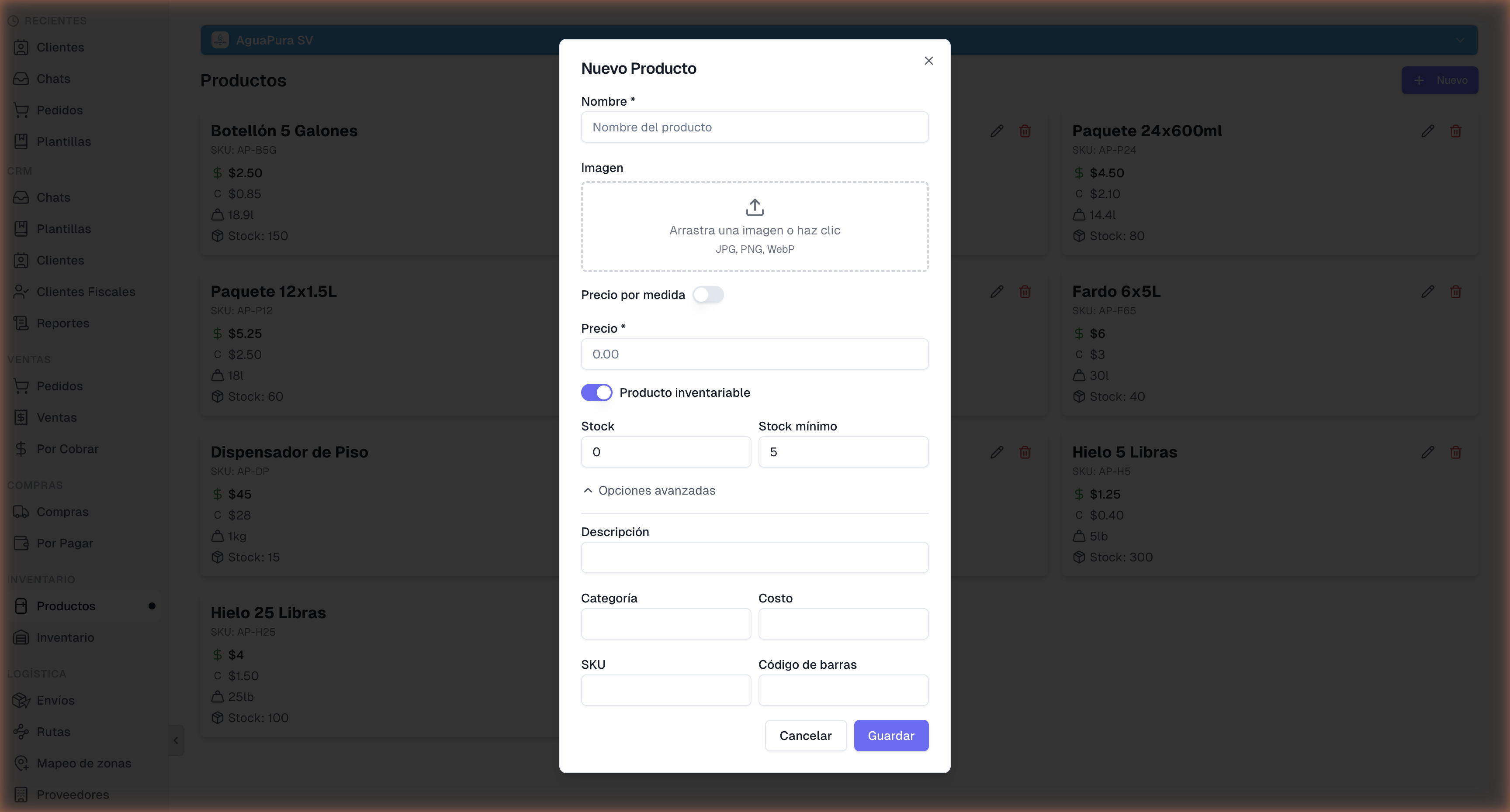 Nuevo Producto con opciones avanzadas