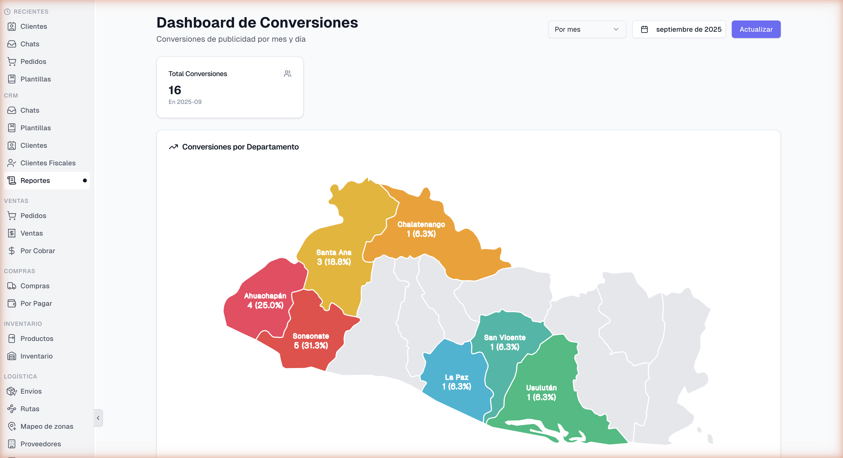Mapa de conversiones por departamento