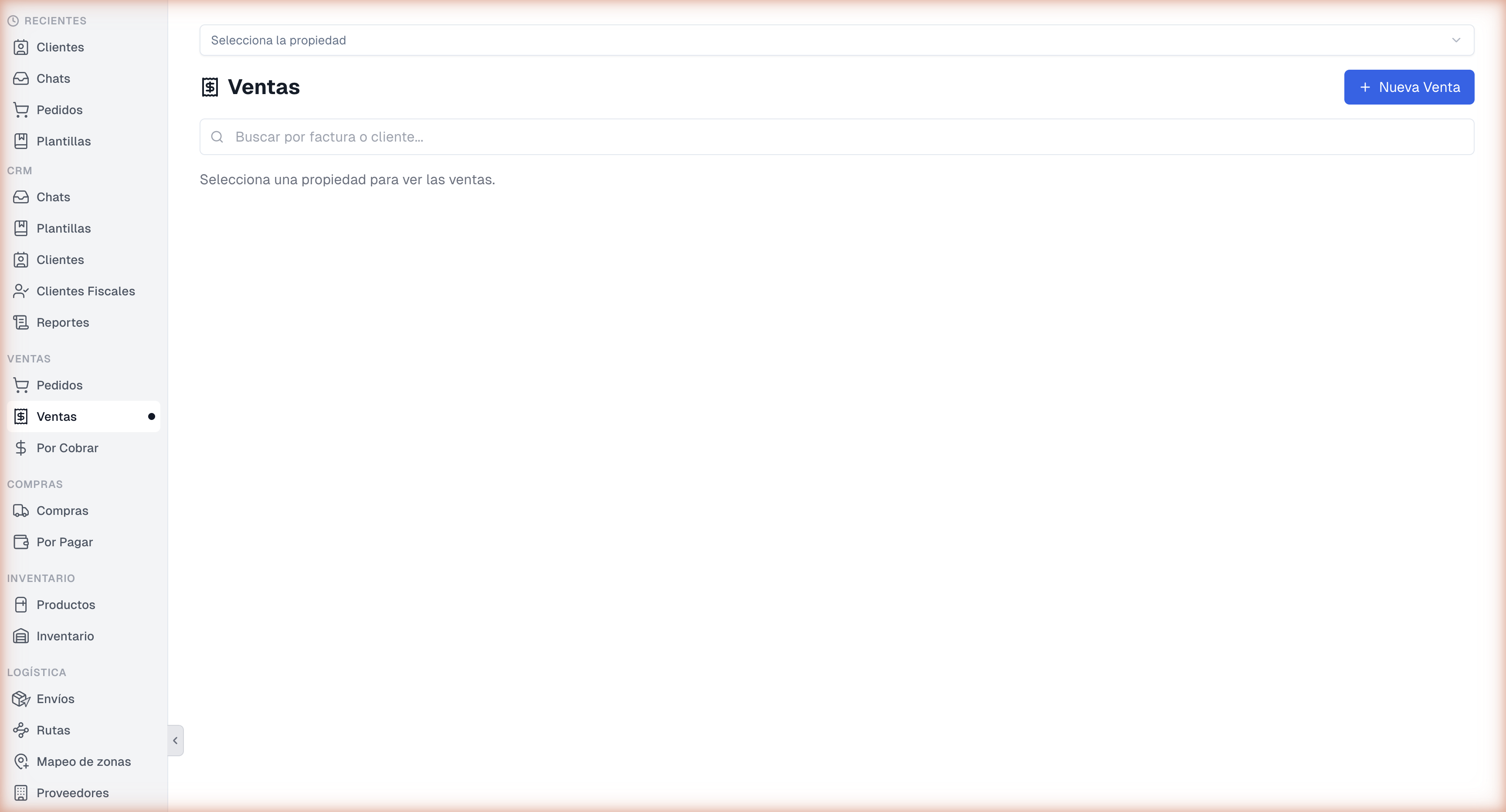 Estado inicial sin propiedad seleccionada