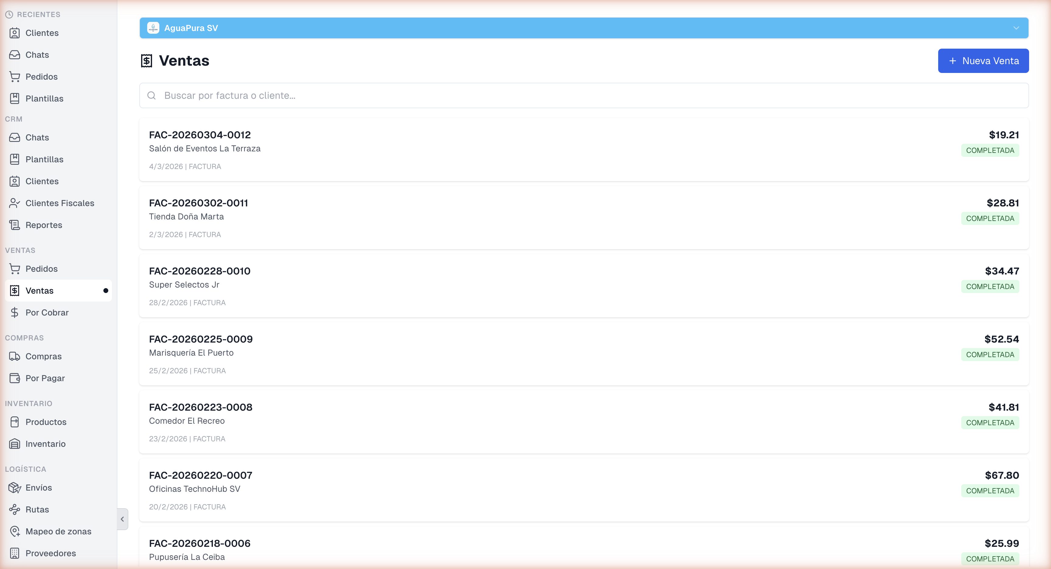 Lista de ventas con AguaPura SV